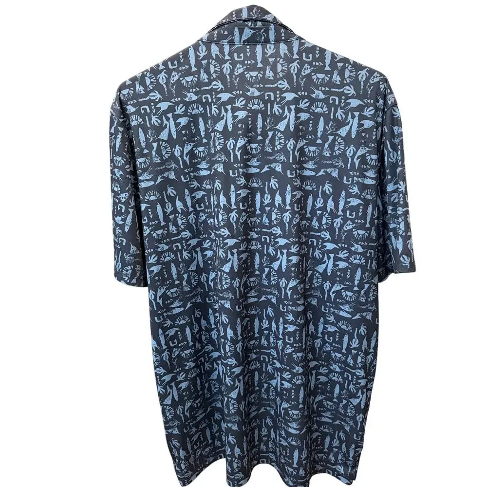 ✨ HUK Men XL Blue Performance Fishing Polo Shirt Fish Print Short Sleeve EUC 🎣